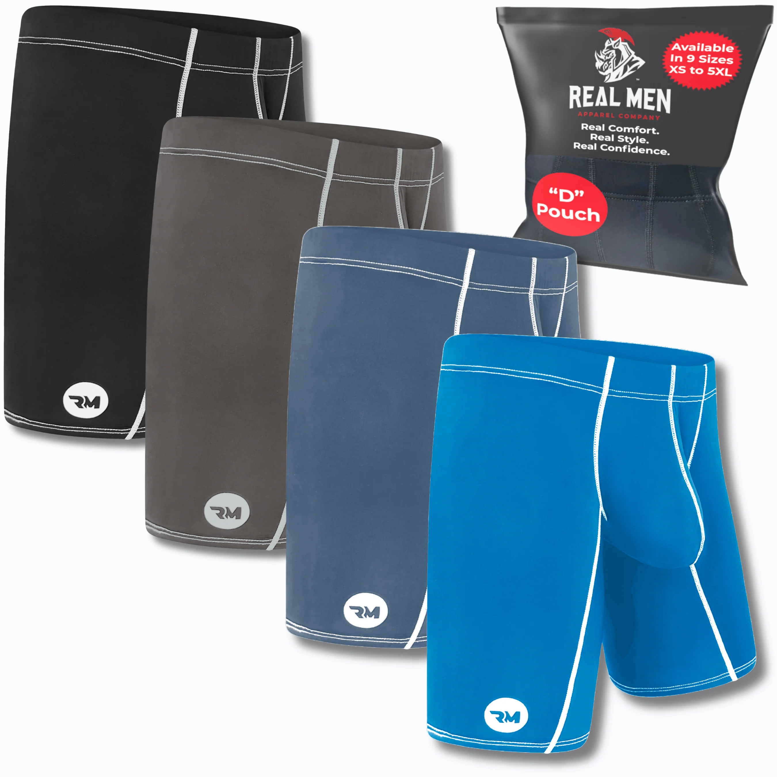 Nylon 9in Boxer Briefs No Fly 4pk Black/Dark Blue/Gray/Light Blue - Image 2